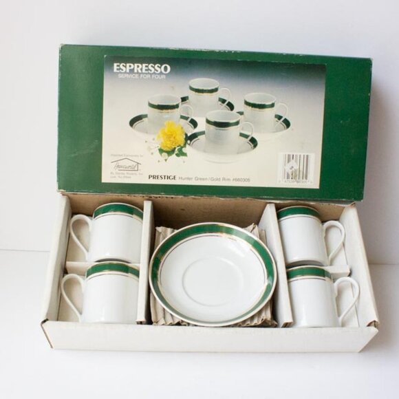 New MCM Set of 4 Crown Porcelain Prestige Demitasse Espresso Cups Saucers Gold - Picture 1 of 4